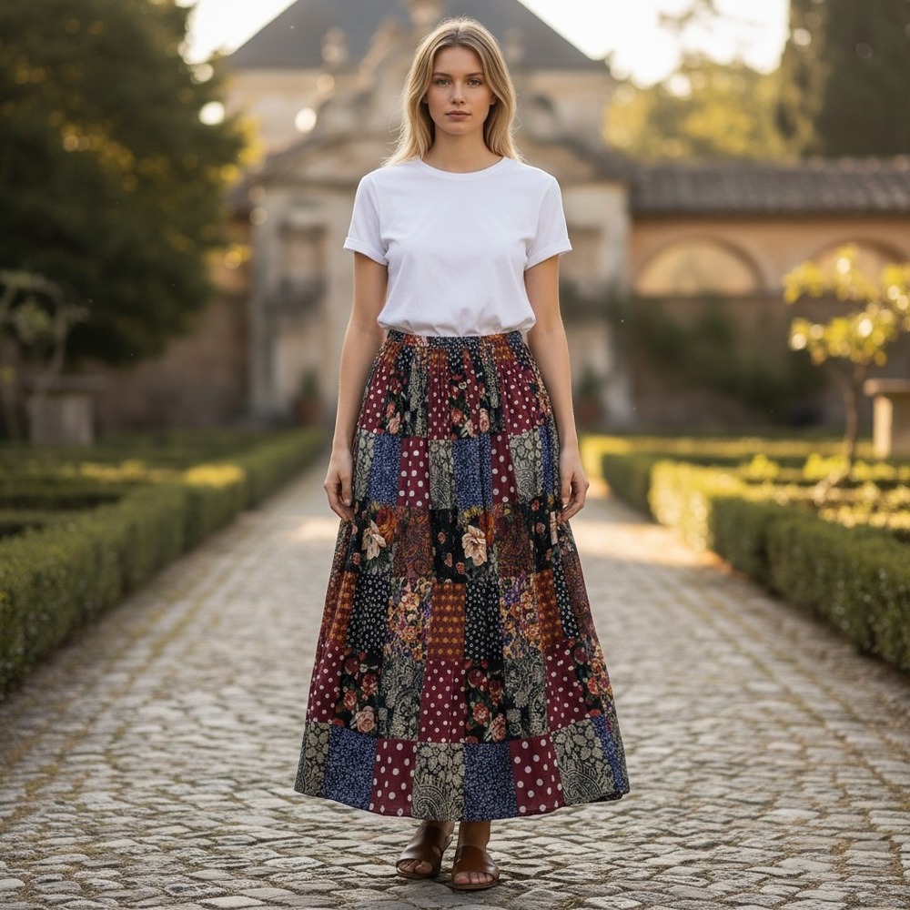 Vintage Express Patchwork Floral Polka Dot Maxi Skirt Boho Cottagecore Small